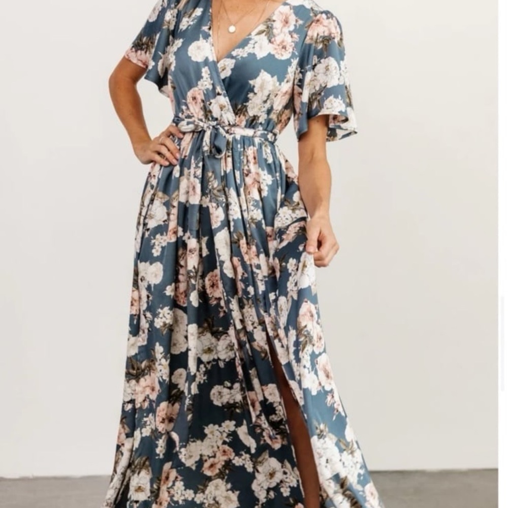 Baltic Born Sicily Floral Blue Satin Maxi Dress